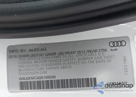 2016 Audi A6 2.0T Premium Plus z USA, uszkodzony, nr VIN WAUGFAFC4GN168948